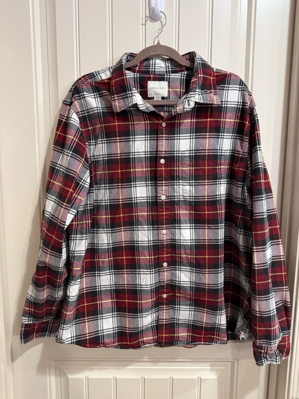 American Eagle Burgundy, Black & White Plaid Button-Down